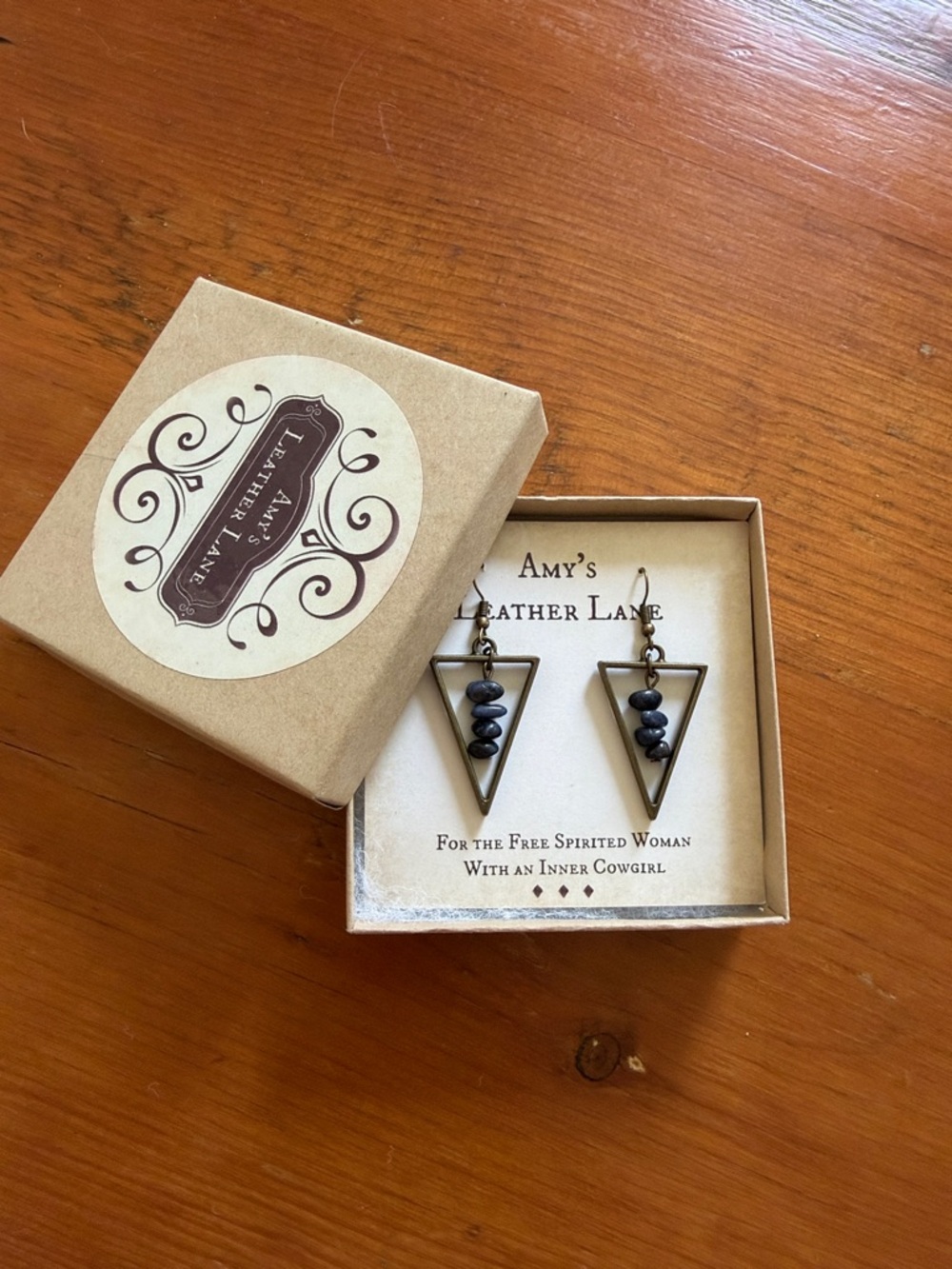Amy's Leather Lane Triangle Drop Earrings Lapis Bead Accents